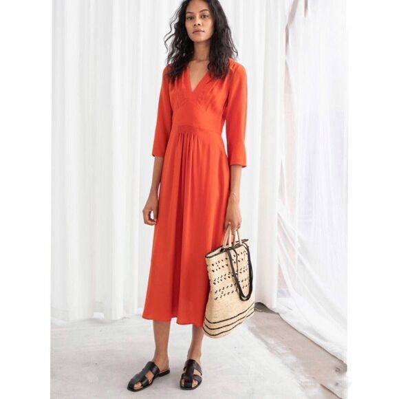& Other Stories Dress Women's Size 0 Orange V Neck Midi Dress - Picture 2 of 14